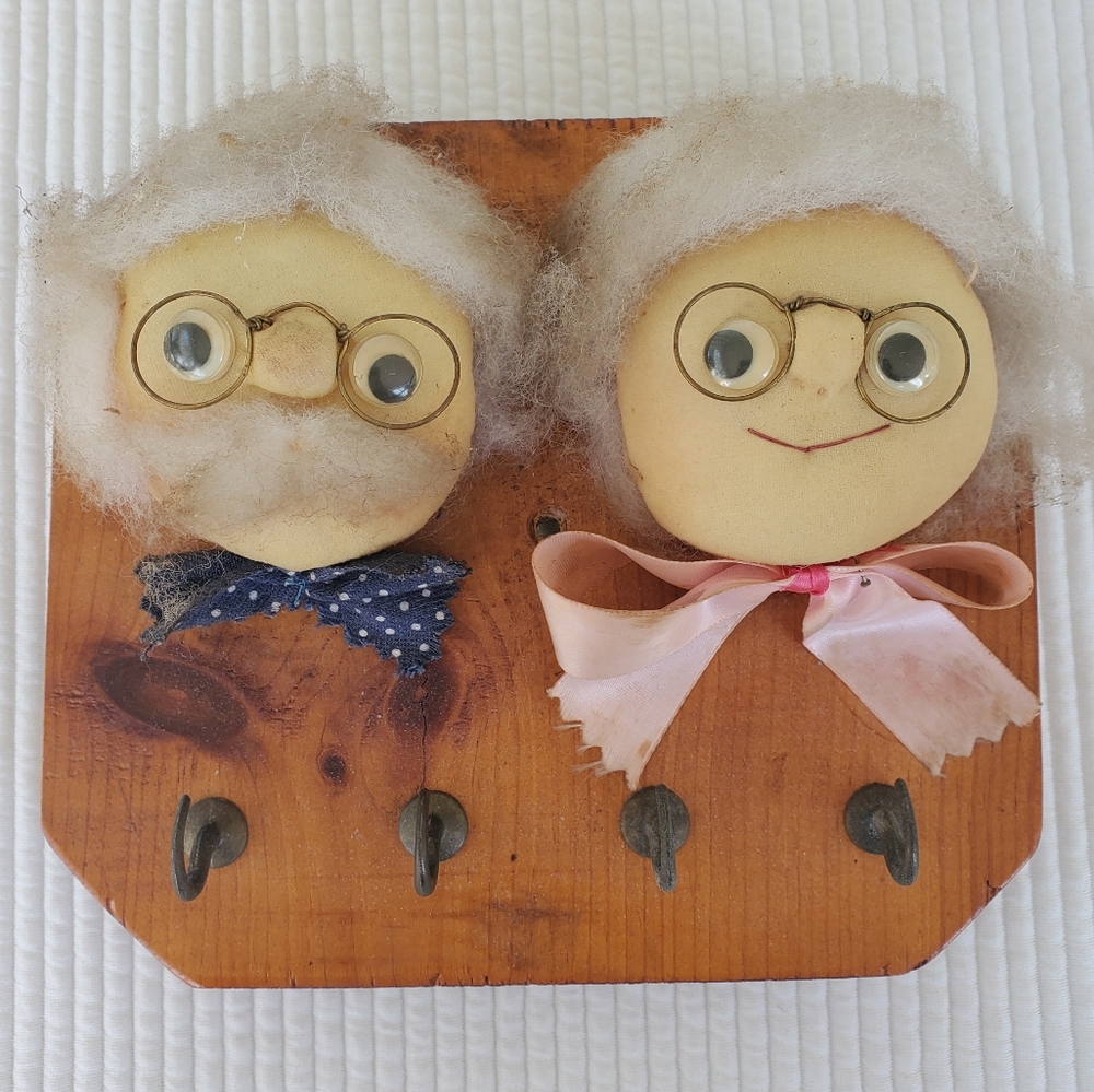 Grandma & Grandpa Key Hook Handmade Wood Nylon Google Eyes